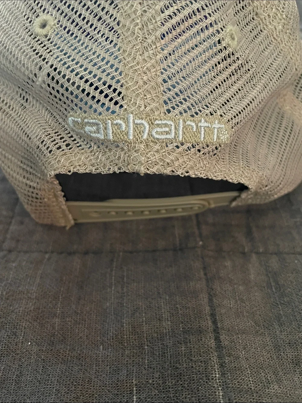 Carhartt Khaki Tan Mesh-Back Baseball Cap with Orange Logo